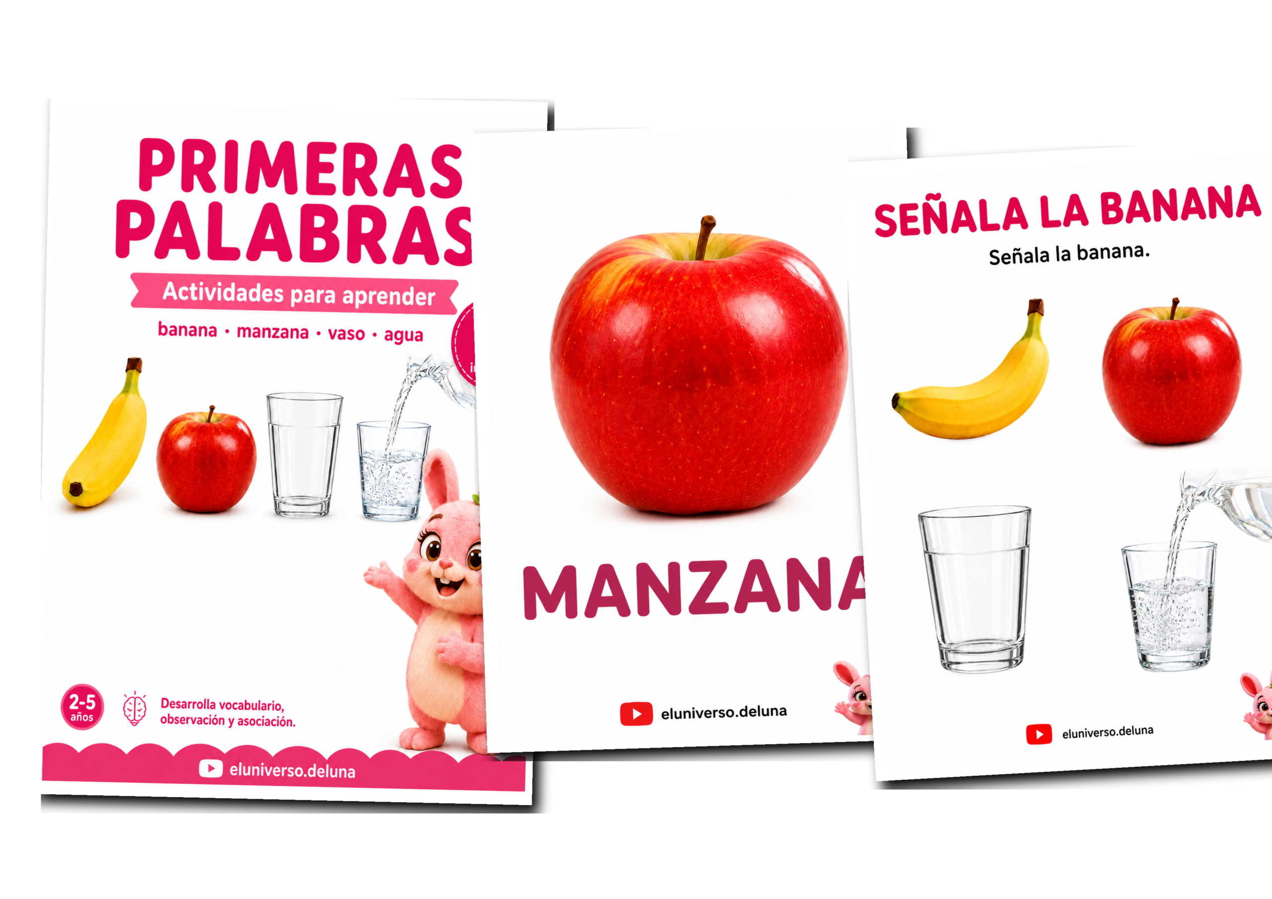 Muestra de actividades de agua, vaso, manzana y banana