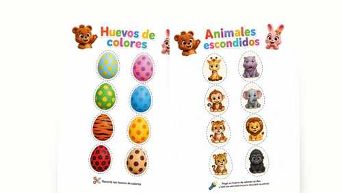 Muestra de actividades imprimibles de animales escondidos en huevos