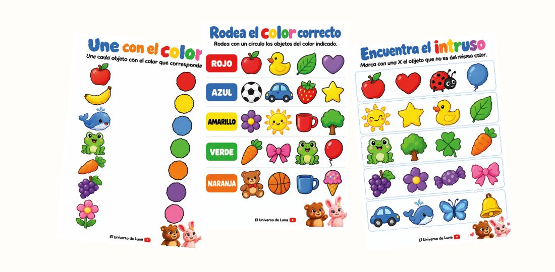 Muestra de actividades imprimibles de Aprende los colores con Luna y Milo